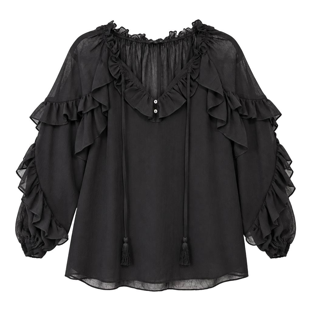 GIGIO USA Women’s L Black Sheer Ruffle Blouse Boho Peasant Top Long Sleeve 1