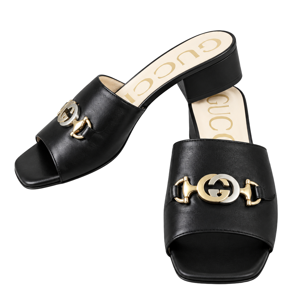 Gucci Interlocking G Horsebit Leather Slides - Black Sandals, Shoes - GUC1795285 1