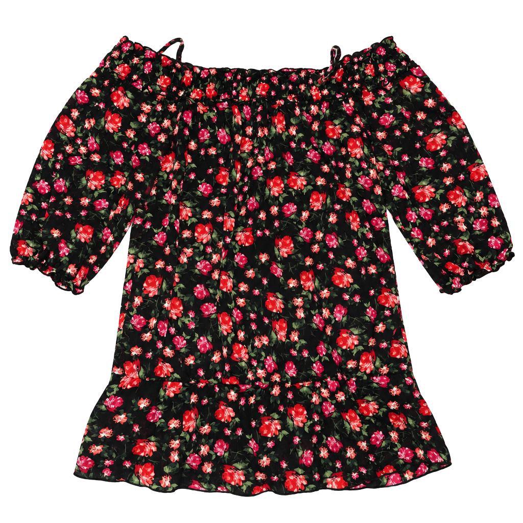 BCX Floral Off-the-Shoulder Smocked Top Size S Black Red Rose Peplum 1