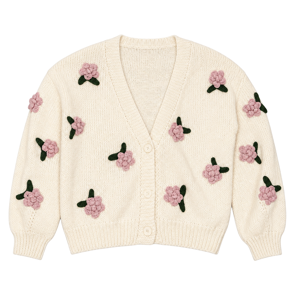 Luna Cardigan Size M Cream 3D Floral Applique Knit V-Neck Sweater 1
