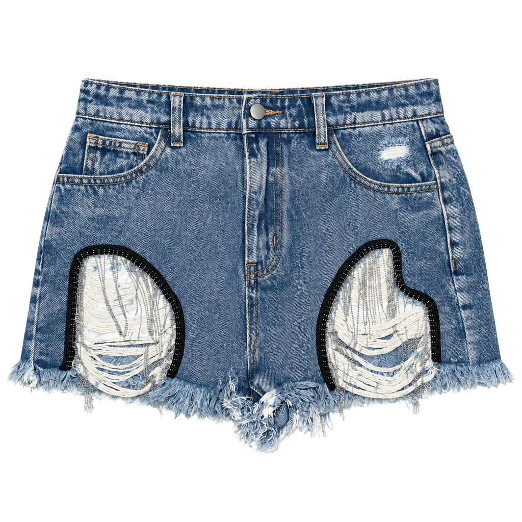 POL Denim Shorts Size M Blue Distressed Crystal Fringe Cutoffs 1