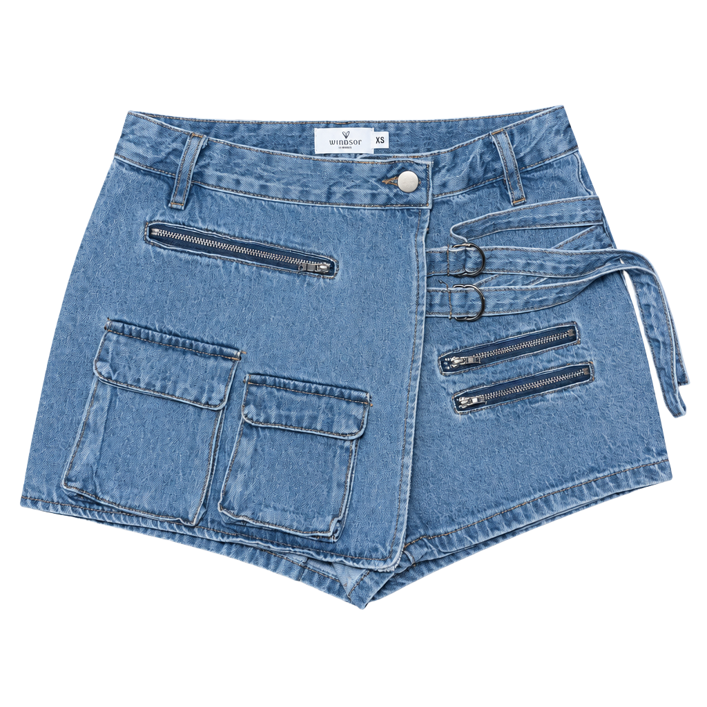 Windsor Denim Skort Size XS Blue Cargo Pockets Asymmetrical Zippers 1