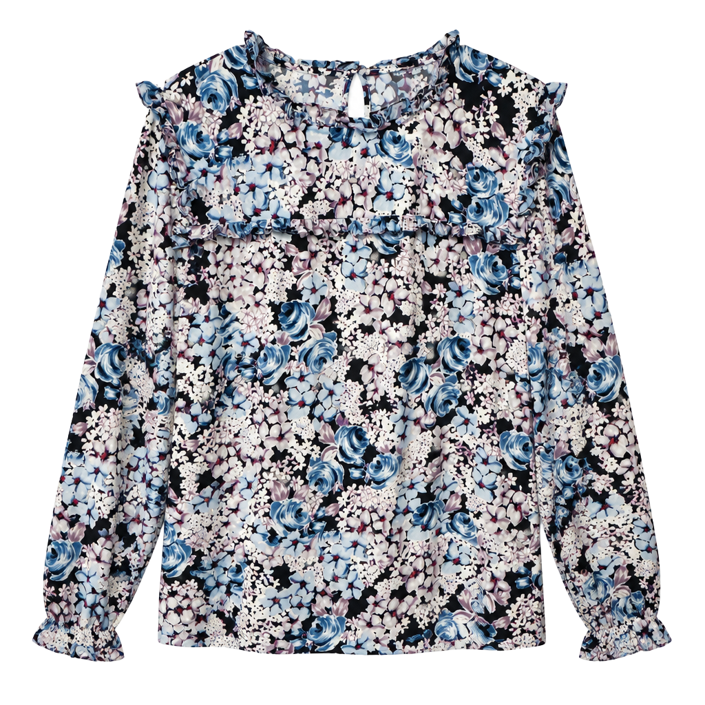 Karl Lagerfeld Paris Floral Ruffle Trim Blouse Size S Blue Purple Long Sleeve 1