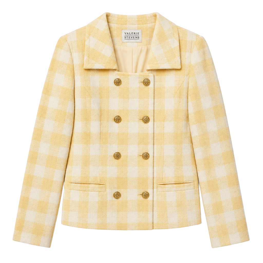 Valerie Stevens Jacket Size 4 Yellow White Gingham Double Breasted 1