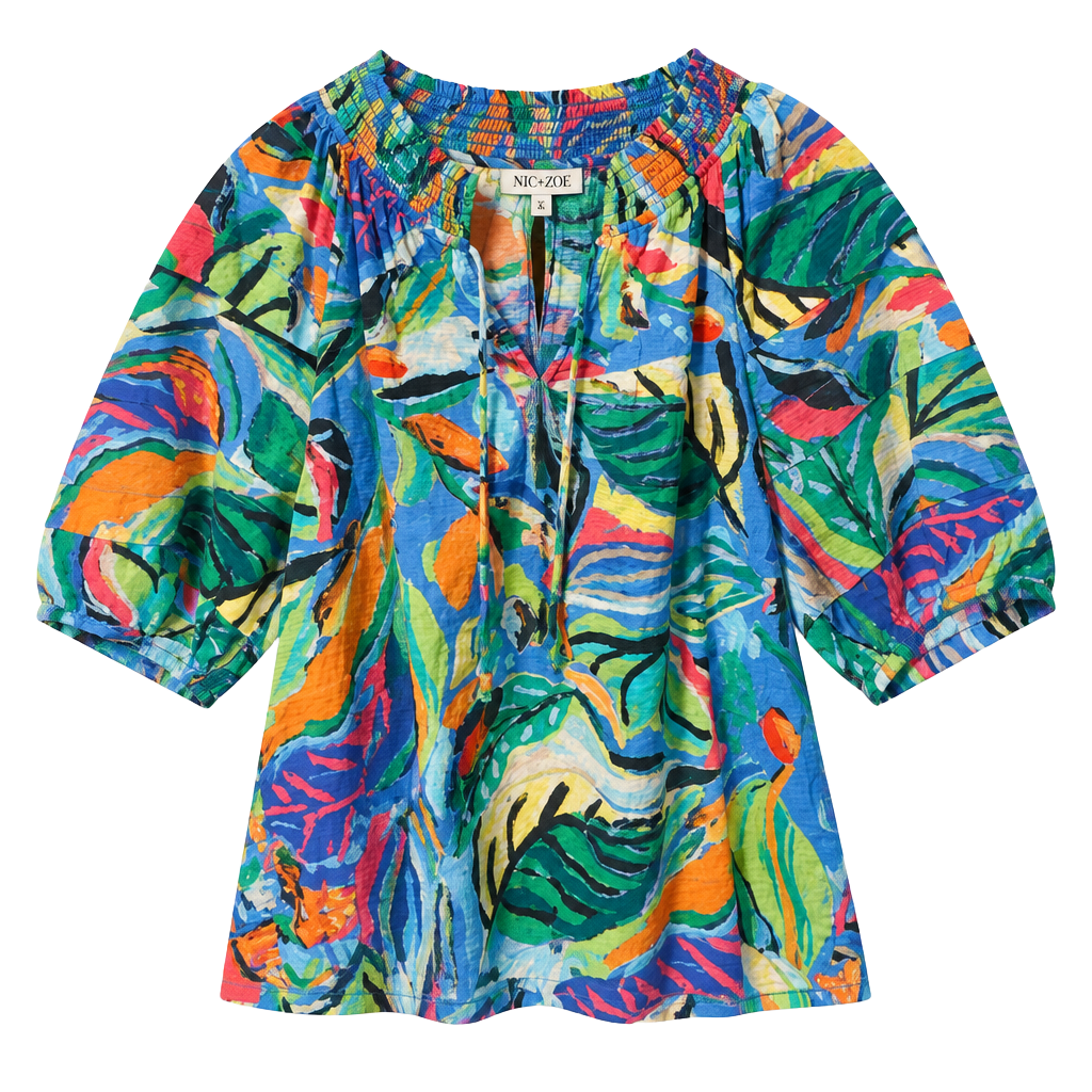 NIC+ZOE Blouse Size L Blue Multi Cotton Tropical Print 1