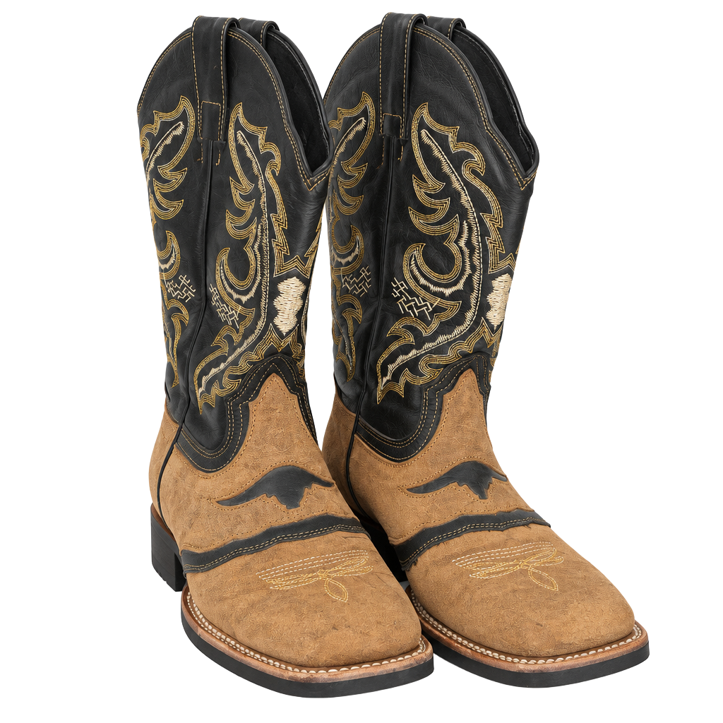 Longhorn Western Cowboy Boots Sand Black Square Toe size 11 1