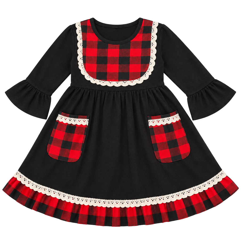 Unbranded Buffalo Plaid Long Sleeve Dress Size 6/7 Black Red Lace Trim 1