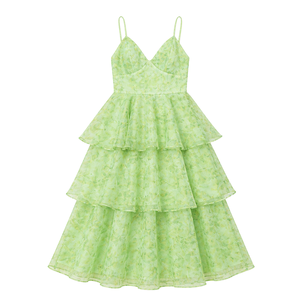 Enchnt Women Elegant Green Floral Print Organza Summer Dress Prom Formal Dress 1