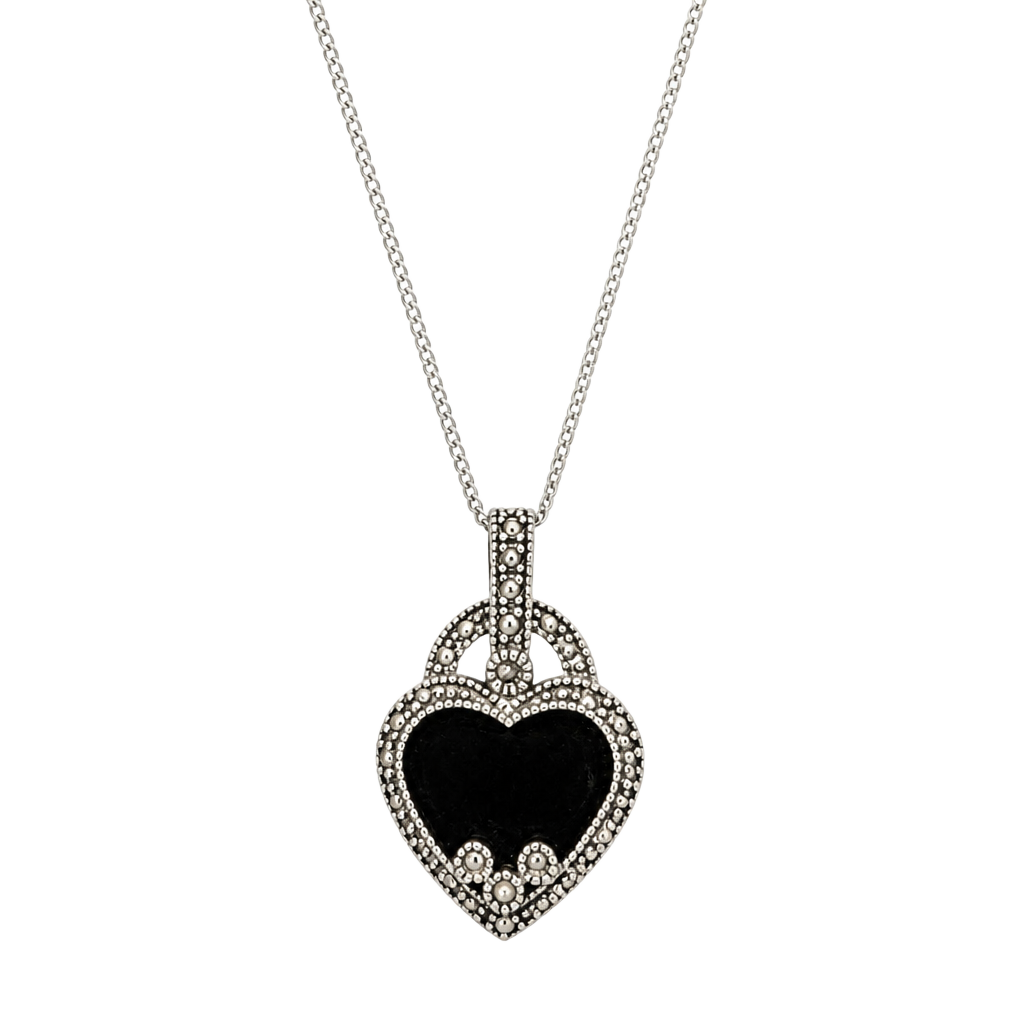 Sterling Silver Marcasite Black Onyx Heart Pendant Necklace 925 1