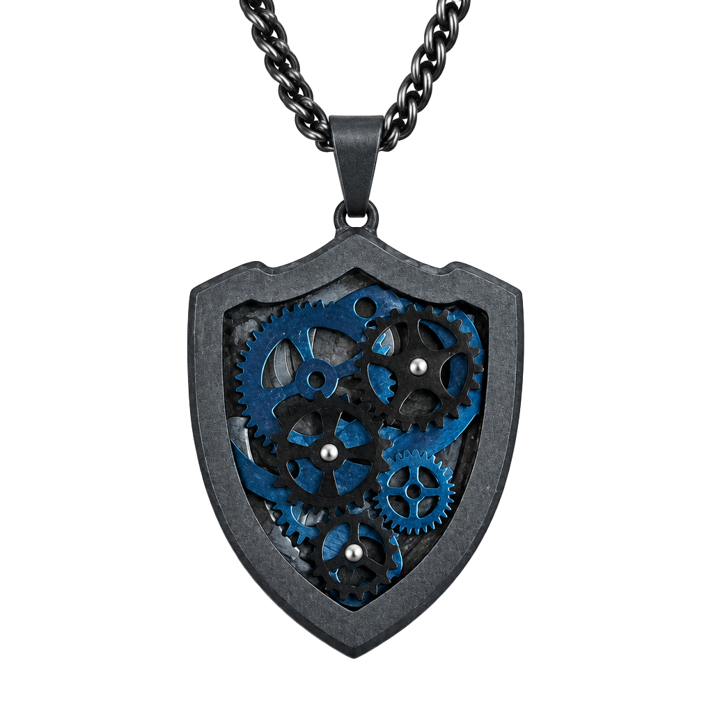 Steampunk Shield Gear Pendant Necklace Black Stainless Steel 1