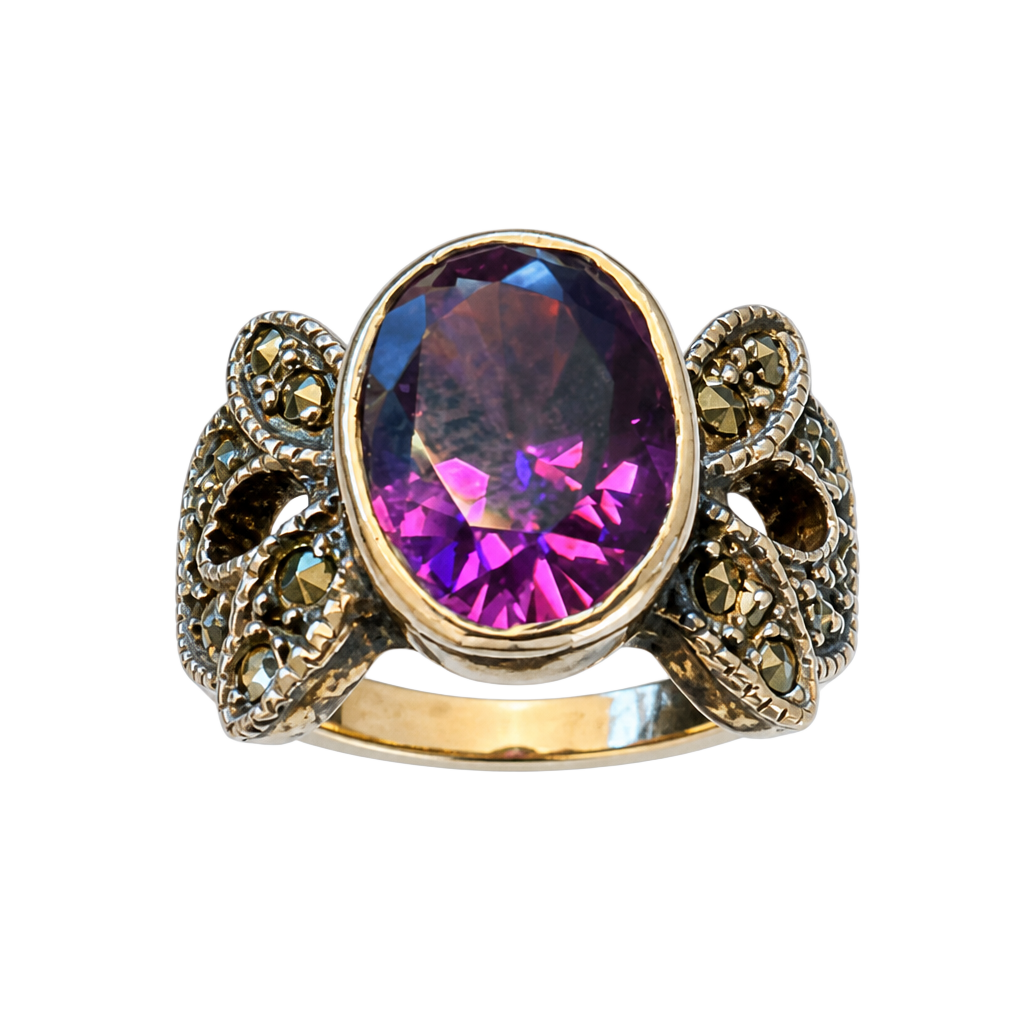 925 Sterling Silver Marcasite and Oval Purple Stone Cocktail Ring 1