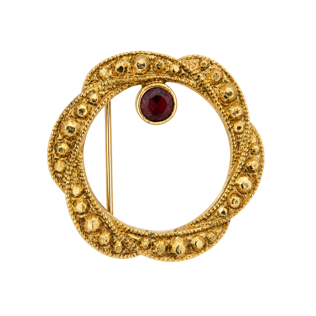 Vintage Gold Tone Textured Circle Brooch with Red Glass Cabochon Stone 1