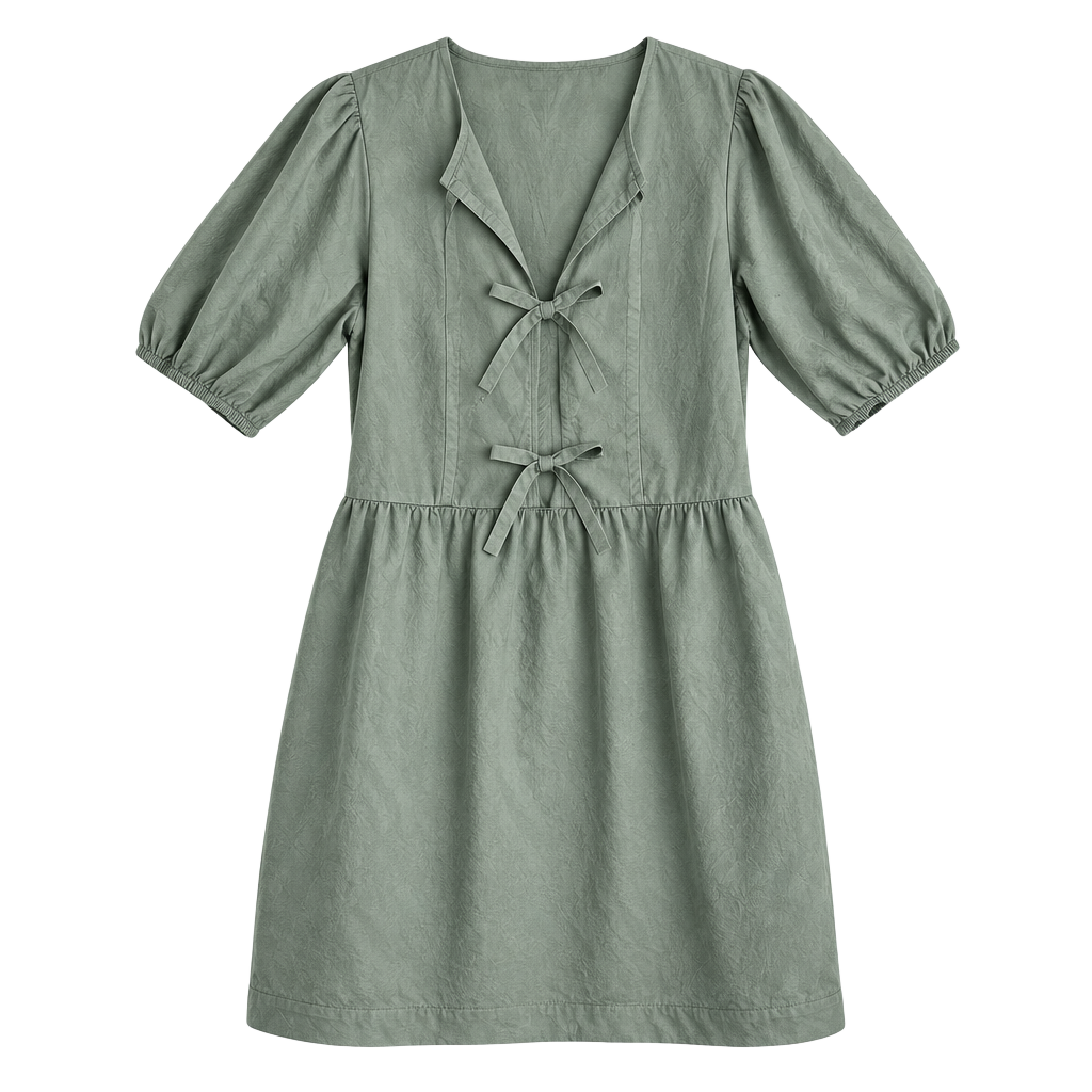 LOFT Puff Sleeve Tie Front Dress Size M Green Cotton 1