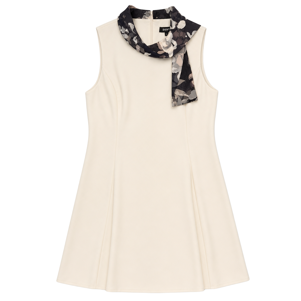 DKNY Sleeveless Fit and Flare Tie Neck Dress Iv/Blssm 1