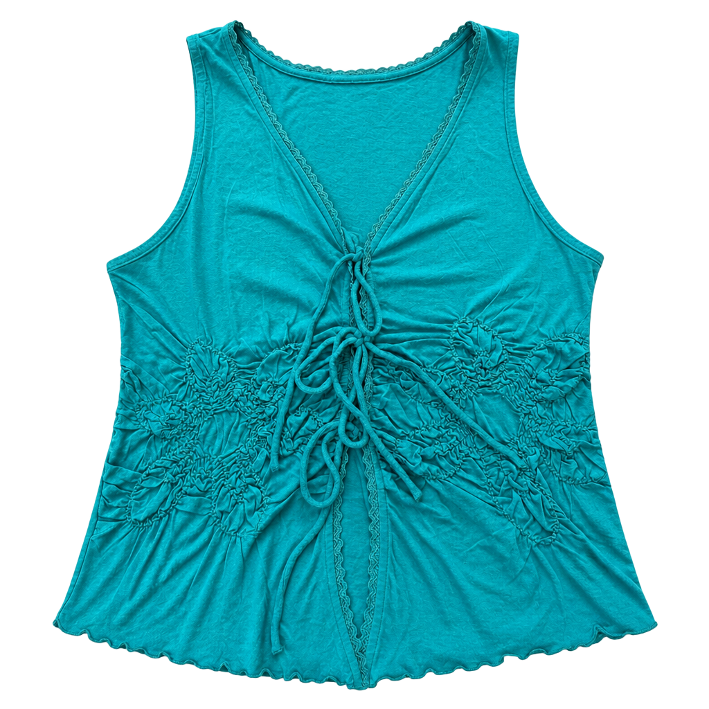 Anthropologie Smocked Tie Front Tank Top Large Boho Lace Trim Teal Green 1