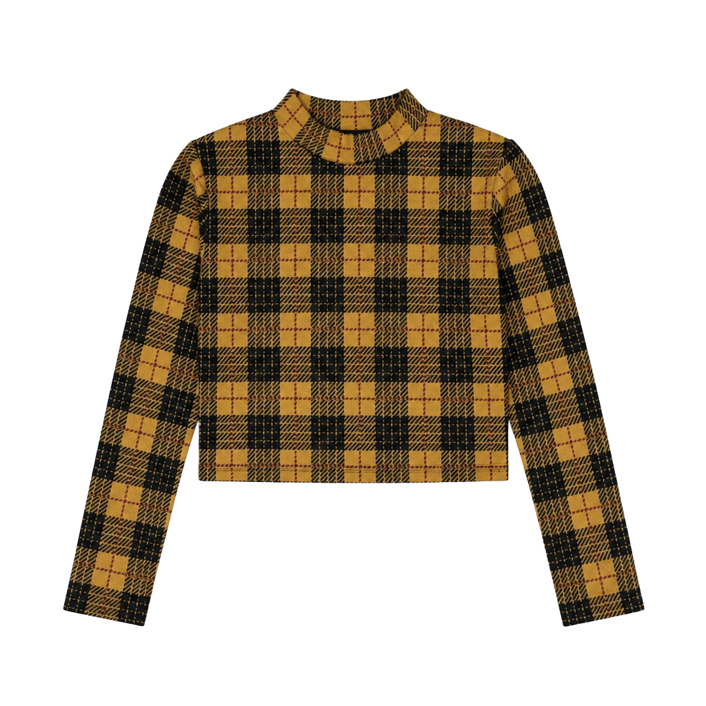 Mango MNG Yellow Plaid Mock Neck Long Sleeve Crop Top Size L 1