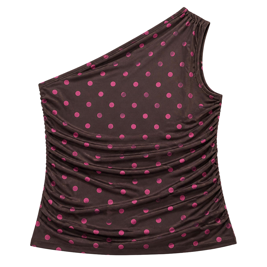 Milk + Honey Polka Dot Mesh One Shoulder Ruched Top Large Brown Pink Y2K 1