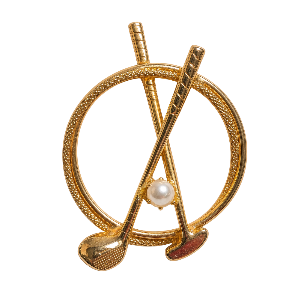 Vintage Gold Tone Golf Clubs and Faux Pearl Brooch Pin 1