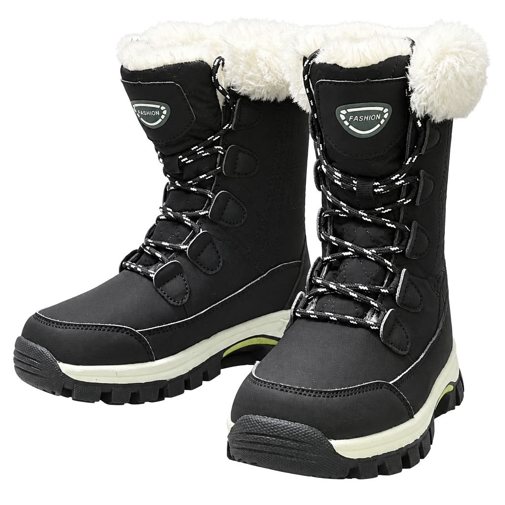 Fashion Winter Snow Boots Black Waterproof Lace-Up Fur-Lined Mid-Calf Booties 1