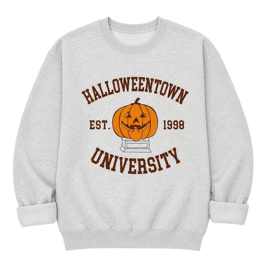 Halloweentown University Est. 1998 Retro Halloween Pumpkin Crewneck Sweatshirt Gray 1