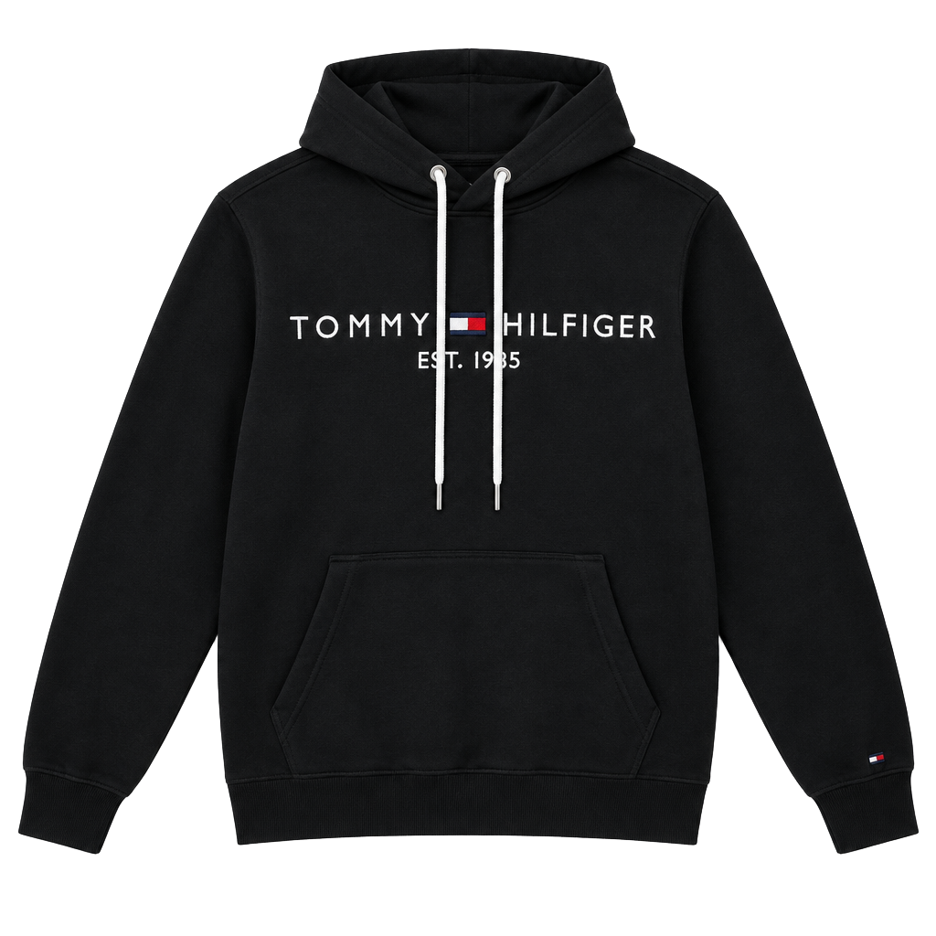 Tommy Hilfiger Black Hoodie with White Accents and Embroidered Logo 2XL 1