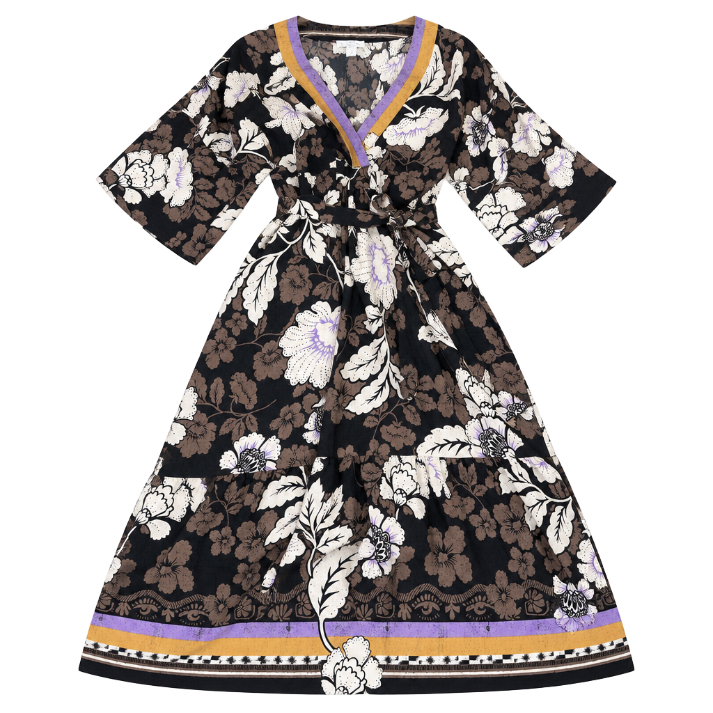 Sofia Jeans Floral Midi Dress Size L Black Tie Back Kimono Sleeve 1