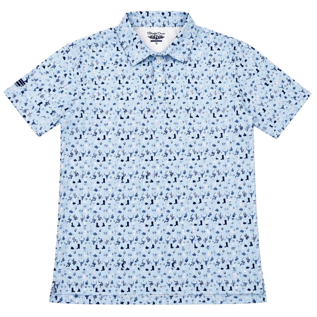 Straight Down Polo Size M Blue Western Print Performance Golf Shirt 1