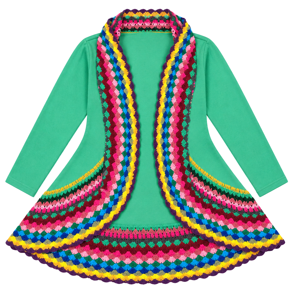 Double Zero Cardigan Size M Green Rainbow Crochet Trim Open Front 1