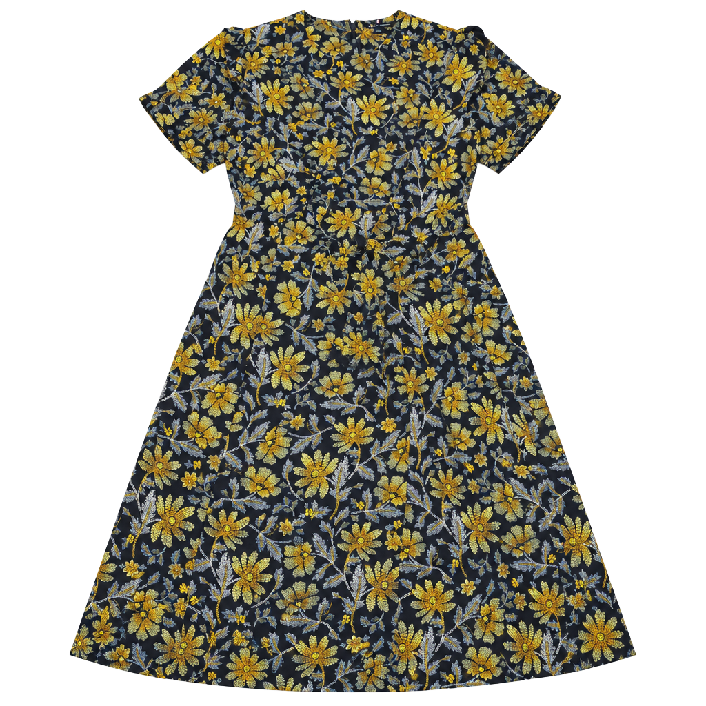 Tommy Hilfiger Floral Dress Size 10 Black Yellow Gold Long Sleeve Crepe 1