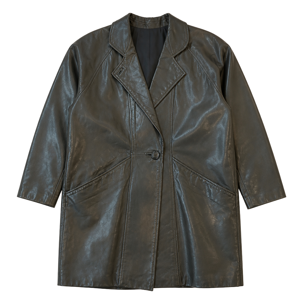 Vintage 90s LNR Black Genuine Leather Single-Button Long Coat Jacket 1