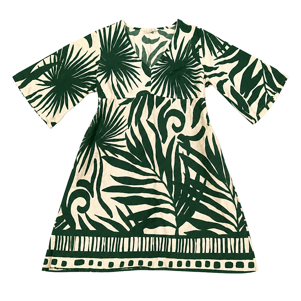 Lapogee Green and White Leaf Print V-Neck Short Sleeve Dress 1