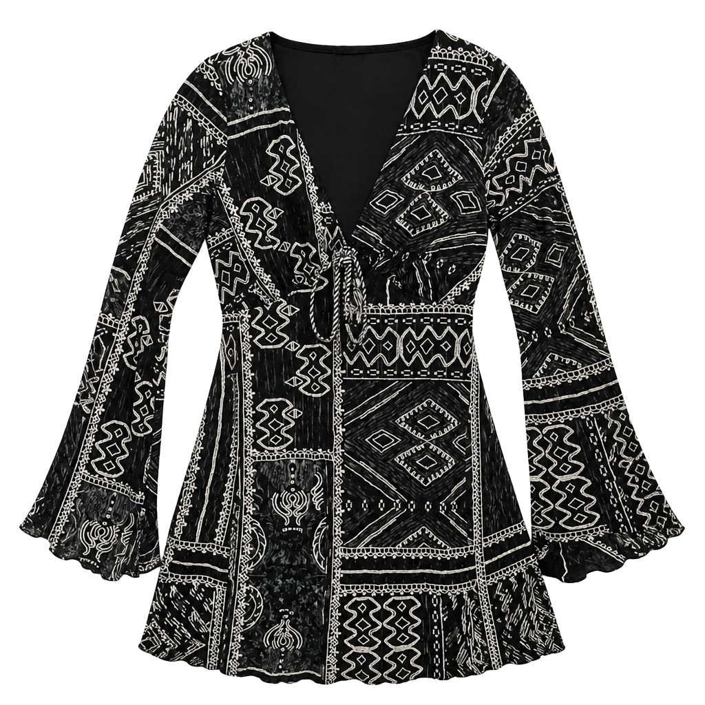 VENUS Black & White Tribal Gypsy Fairy Embroidered Print Long Sleeve Mini Dress 1
