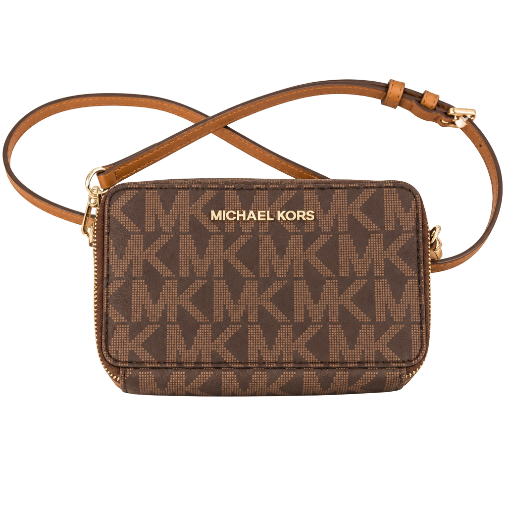 Michael Kors Jet Set Signature Brown Monogram Double Zip Crossbody Bag 1