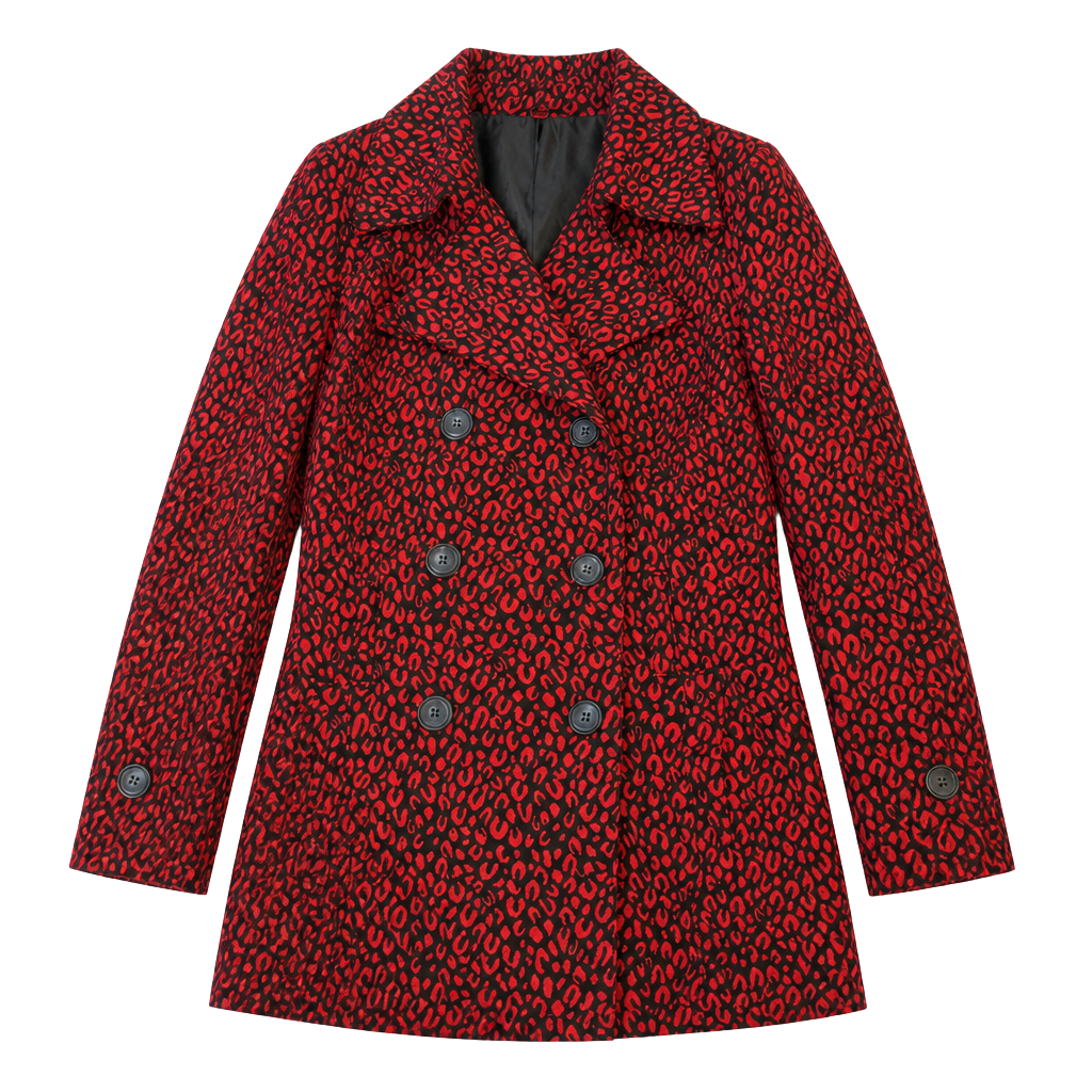 NY Collection Red and Black Leopard Print Double Breasted Pea Coat Jacket Size M 1