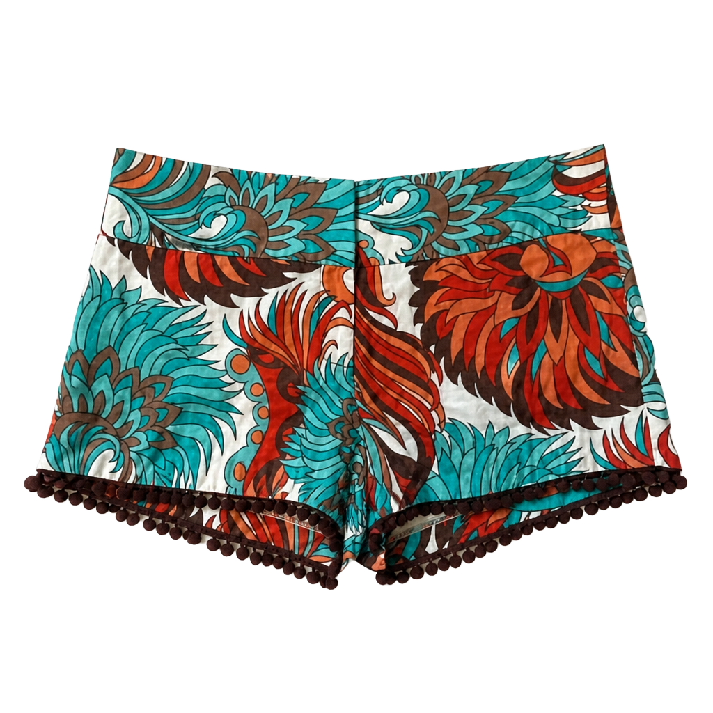 Indie Boho Floral Print Festival Vacation Pom Pom Trim Designer Shorts 1