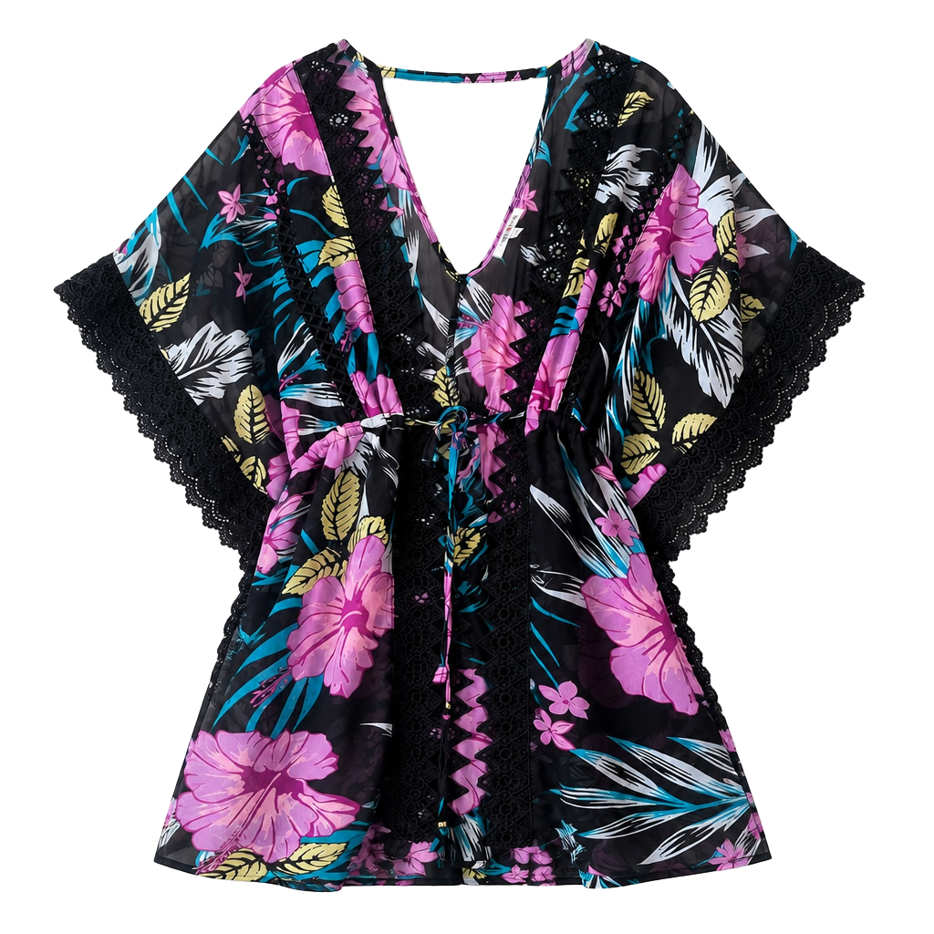 Miken Black Tropical Floral Lace Kimono Cardigan Cover Up Medium Sheer Boho
1