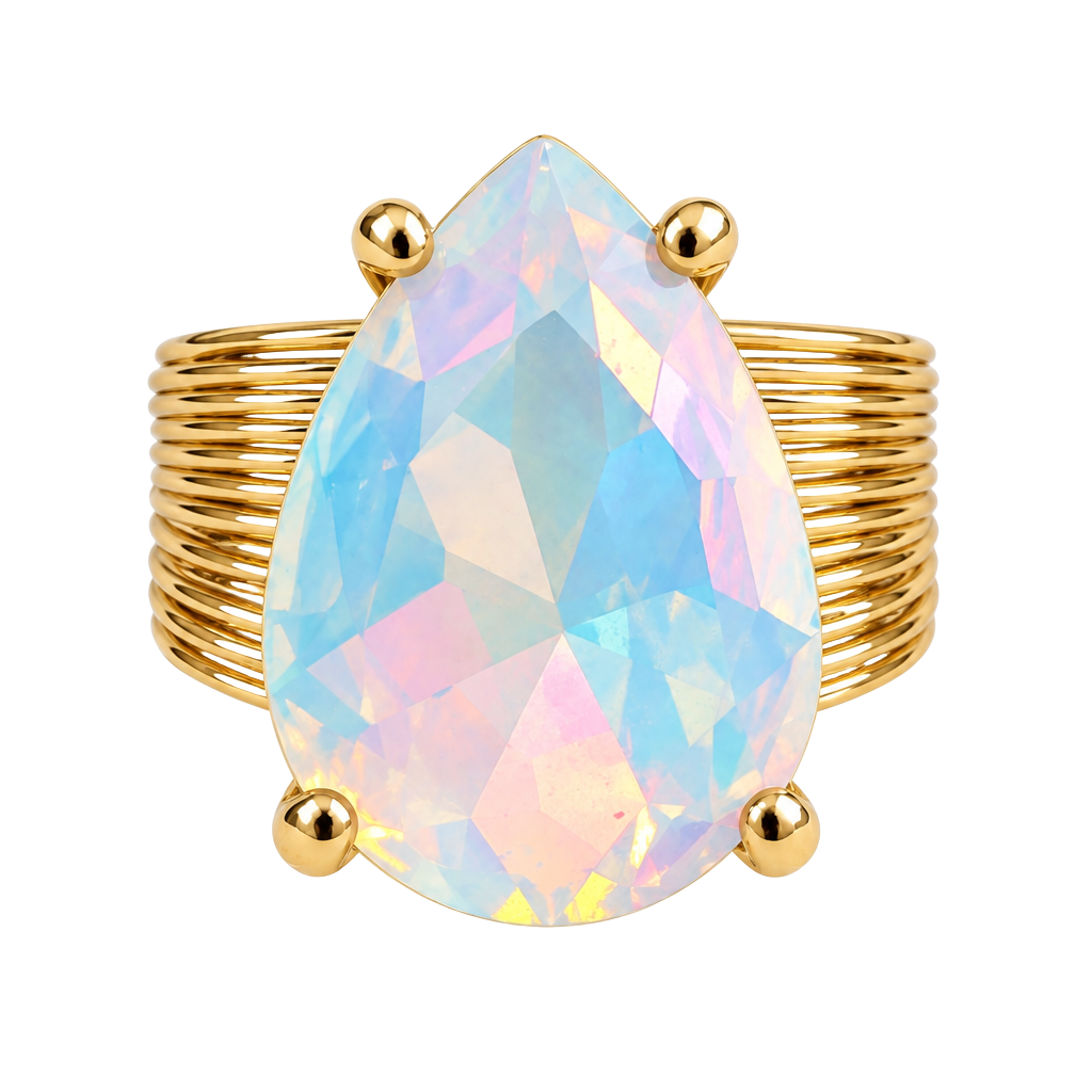 Gold Tone Aurora Borealis Iridescent Crystal Statement Ring Size 7–8
1