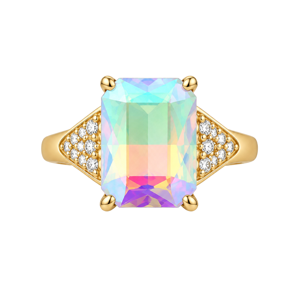 Gold Tone Aurora Borealis Crystal Rhinestone Statement Ring Size 7 1