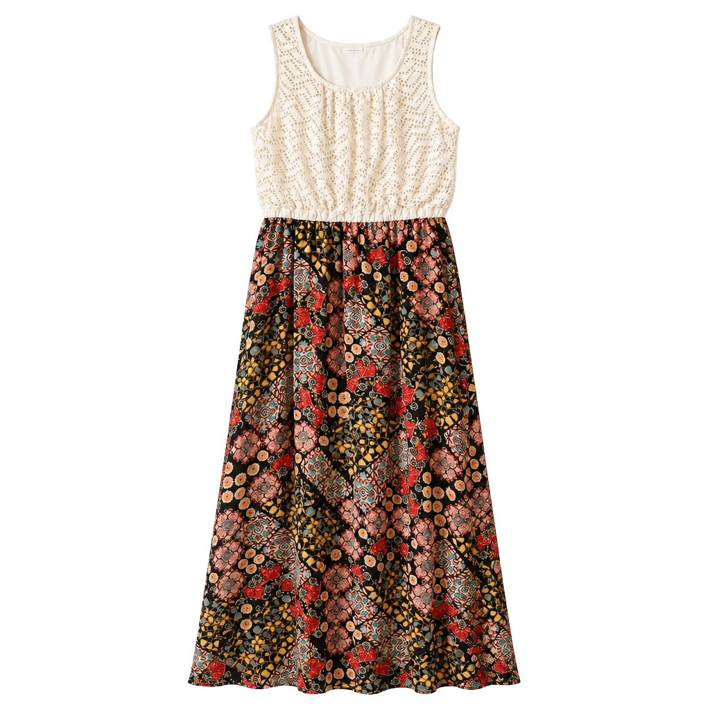 Liberty Love Women 1X Maxi Dress Cream Lace Bodice Black Floral Skirt Sleeveless 1