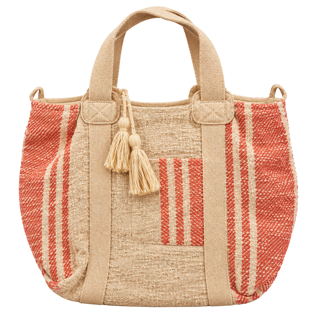 Handwoven Red & Cream Cotton Tote Bag Tassel Large Shoulder Bag Made in India 1