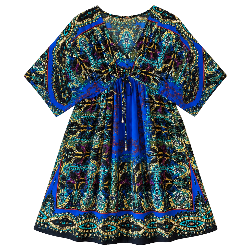 One World Dress Size S Blue Paisley Boho Kaftan V-Neck 1