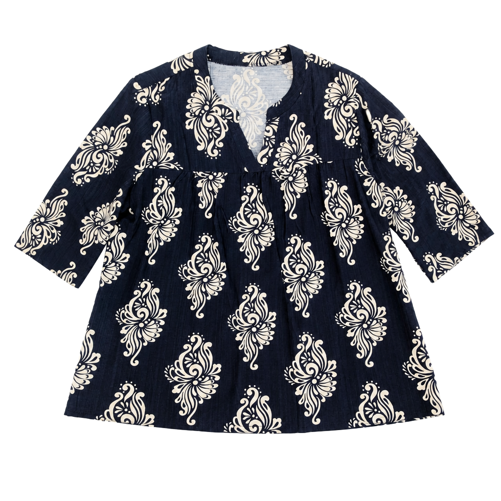 BINO Navy and White Damask V-Neck 3/4 Sleeve Blouse 1