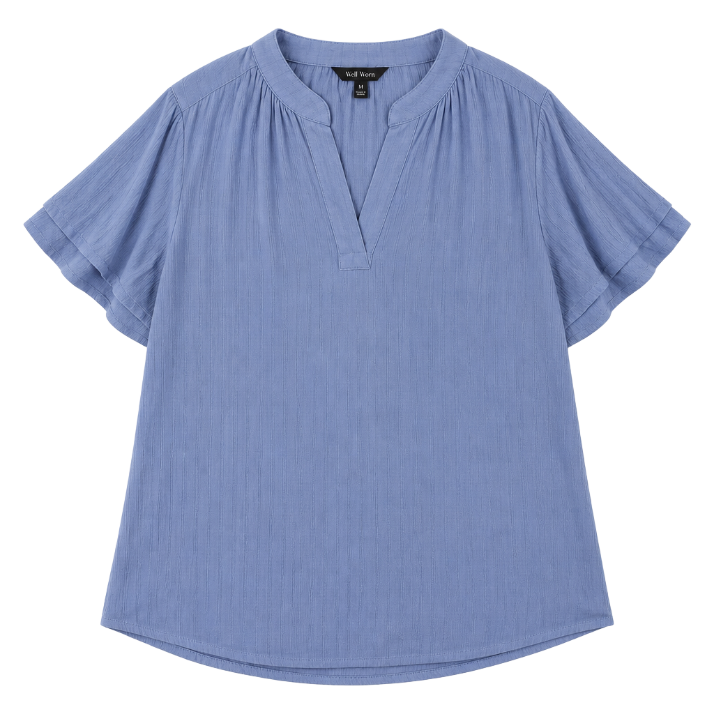 Well Worn Blue Flutter Sleeve V-Neck Crinkle Top NWT 1
