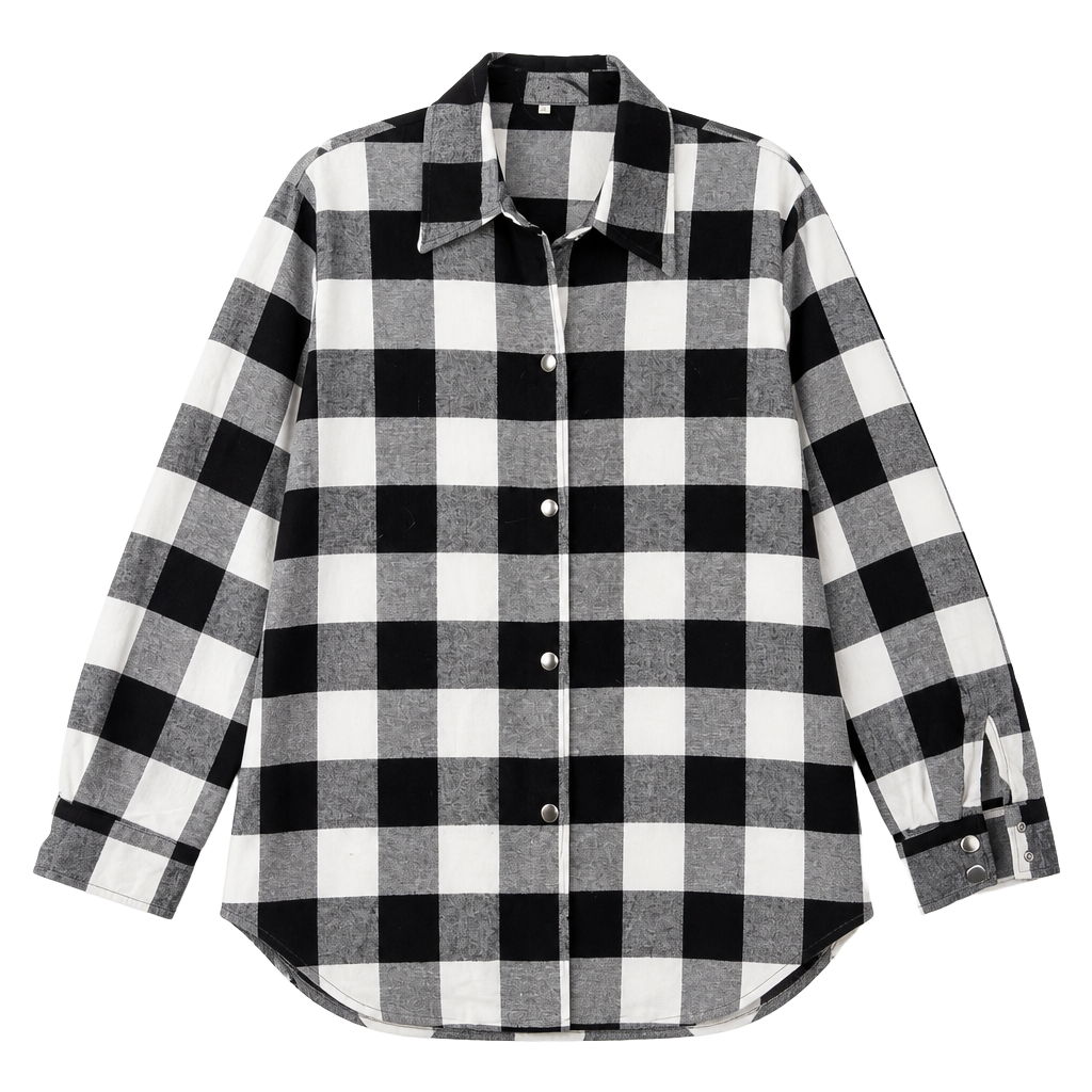 Women's Black and White Buffalo Plaid Button-Down Long Sleeve Tunic Shirt Size 2XL 1