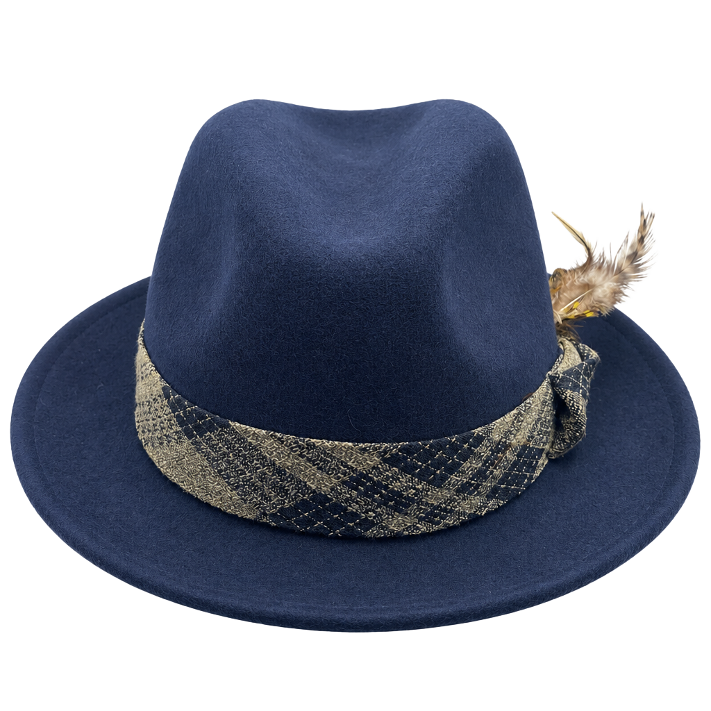 Montique International Fedora Hat Size S Blue Plaid Band Feather 1