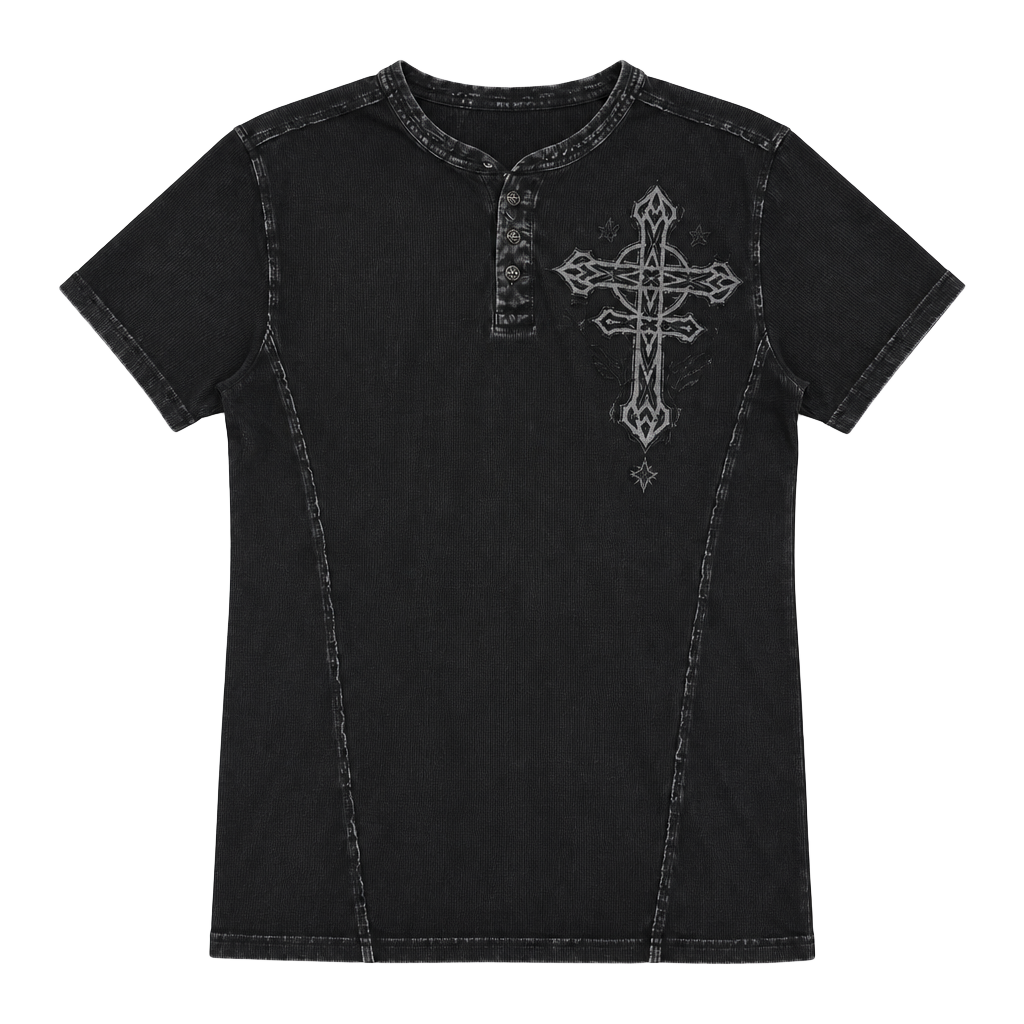 Affliction Live Fast Henley Size M Black Graphic T-Shirt 1