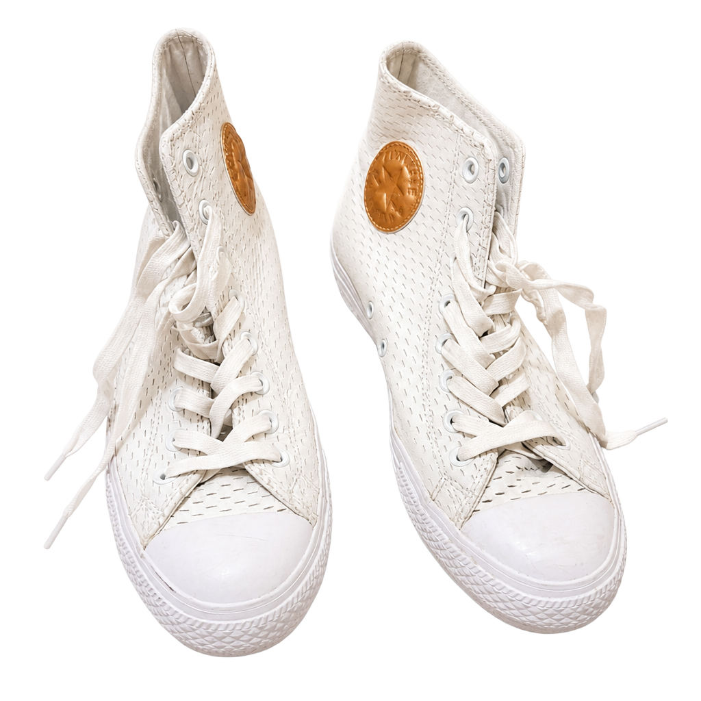 Converse Chuck Taylor All Star White Perforated Leather High Top Sneakers with Gold Logo 1