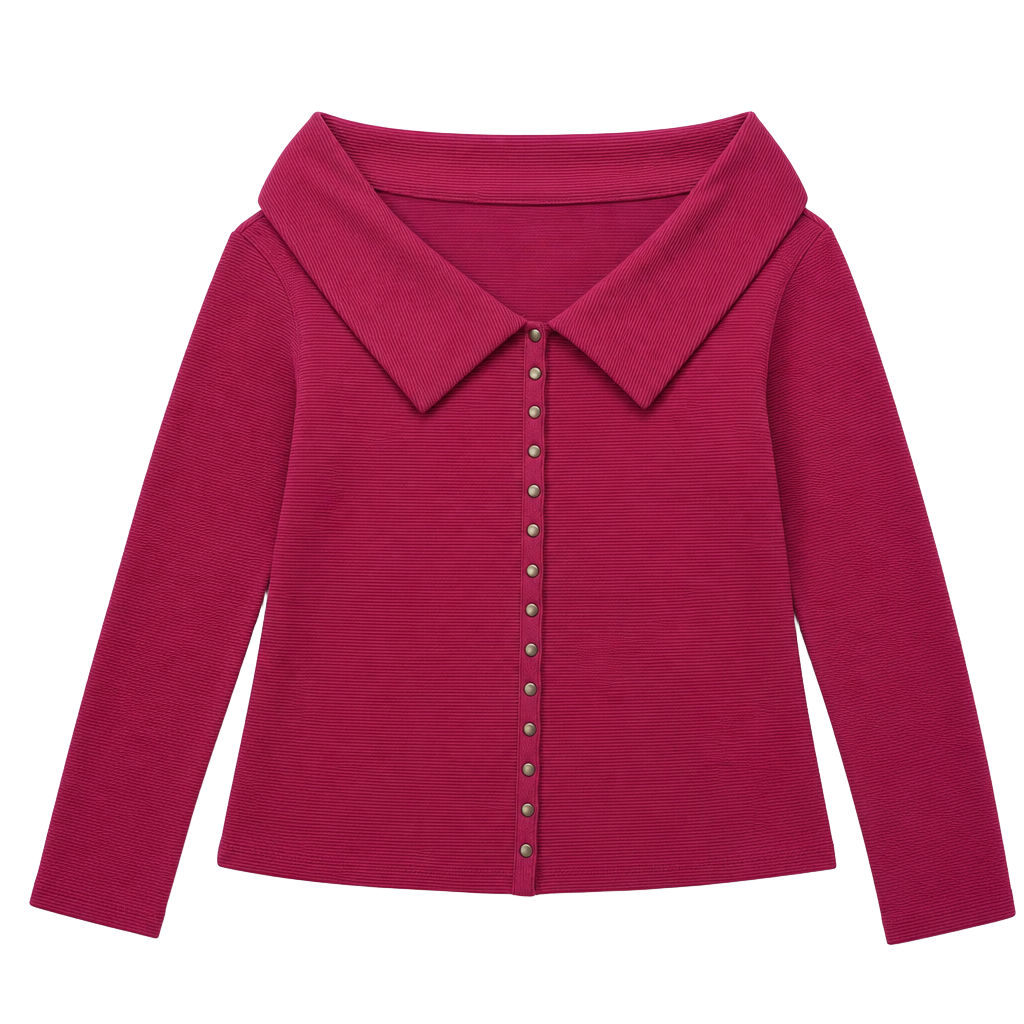 Maeve by Anthropologie Ribbed Off-The-Shoulder Snap-Front Top in Raspberry 1