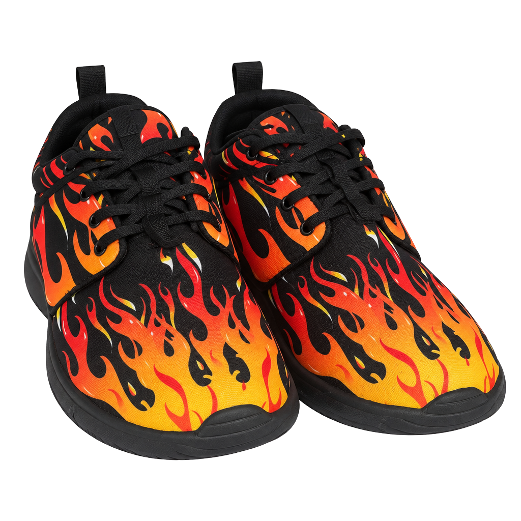 Flame Print Mesh Sneakers Size 47 Black Orange Fire Pattern Sport Shoes 1