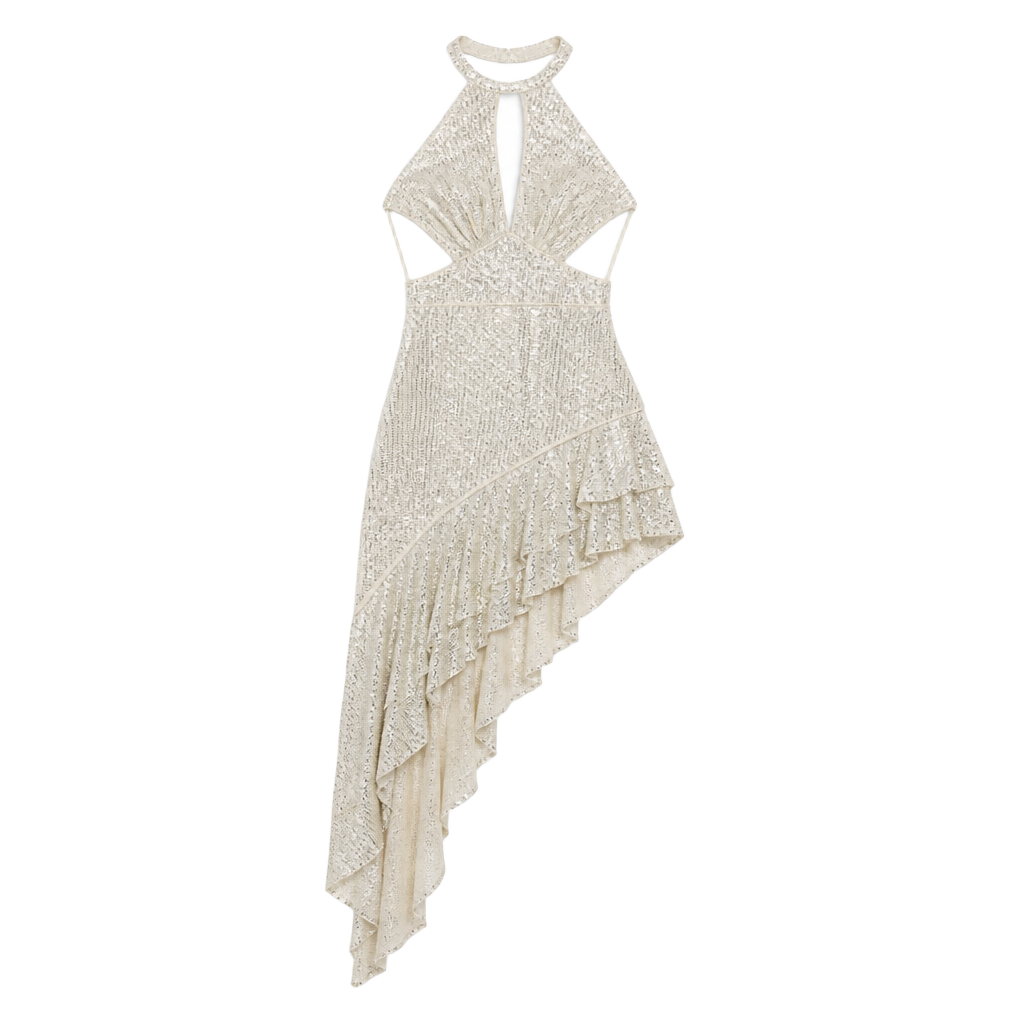 Ieena for Mac Duggal Sequin Ruffle Halter Gown Size 4 Nude NWT 1